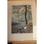 Edgar Holloway, wooded stream scene, watercolour, label to back, 26.