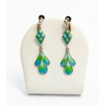 A pair of silver and enamel drop earrings, with blue/ green enamel foliate dropper,