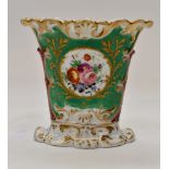 19th Century hand painted spill vase with floral and gilt decoration with green ground,