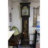 A George II Chinoiserie lacquered longcase clock, the arched brass dial with silvered chapter ring,
