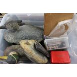 Fishing/Shooting interest: three various plastic duck decoys; a selection of intrepid reels; lines,