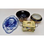 A collection of ceramics including a plaque depicting a bearded gent, a hand painted bowl,