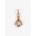 A Victorian high carat gold swivel fob, agate set front and reverse, length approx 30mm,