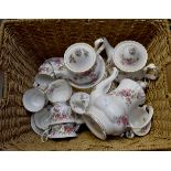 A Royal Albert "Moss Rose" comprehensive tea, coffee set, cake stand and plate, teapots x 2,