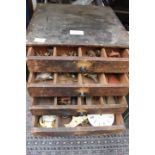 Assorted clock tools in cabinet and six drawers, four x wooden boxes, jar weights,