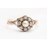 A Victorian pearl and diamond cluster ring, pearl set to the centre with a oldt diamond surround,