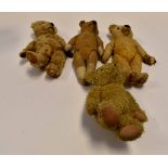 3 early 20th century teddy bears and late 20th century Peugeot teddy bear.