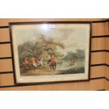 A Caldicot style print; a pair of coloured lithographs, late 18th Century,