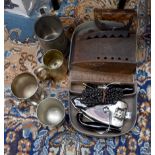 A globe trotter travel iron (PAT tested) in travel case (FALKS) together with four tankards,