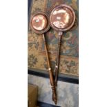 Two Victorian bed pans with turned wooden handles