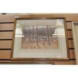 Signed water colour by Julius D of a woody area in lake,