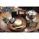 Wood bowl, EPNS biscuit barrel, pewter goblet, three picture frames, casserole dish holder,