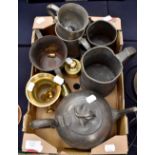 A collection of 19th century pewter including teapot, mugs, brass weights,
