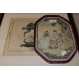 Chinese School, 19th Century, figures in a landscaqpe, watercolour, framed as a tray, 24 by 16cm,