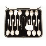 Art Deco Birmingham, 1931 hallmarked, cased set of 12 tea spoons and sugar tongs,