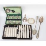 A collection of white metal including set of six nickel ice cream spoons and server (boxed) pair of