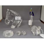 A Lalique swan etched signature to base, a Waterford crystal horse head paperweight,