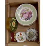Six cabinet plates, one small nursery plate, Royal Crown Derby Posie dish and butter dish,