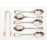 Four London silver teaspoons dated 1857 and 1862 a silver plated teaspoon and sugar tongs,