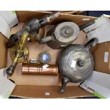 Metal ware including two metal blow torches, two possibly pewter tea pots, spill container,