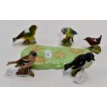 Five Beswick birds and stand, including Greenfinch 2105, Wren 993, Chaffinch 991,