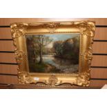 John McNicol, British 1862-1940, wooded river landscape, oil on board, signed I.