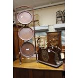 An Edwardian three tier cake stand together with a wood and brass letter rack,