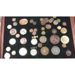 A large wooden display box containing Commemorative medals, Coronation Medals, Tokens and, Coins and
