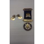 Masonic gold 9ct cuff links and a silver rotary medal with clasp