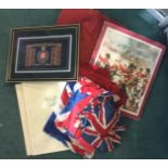 A collection of various screen printed WW2 Era Union Jack Flags: a Large British Army Queens Crown