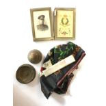 WW1 British folding desk photo frame showing a soldier of the RAMC along with a RAMC silk