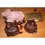 A collection of Chinese items including Rose quartz buufallo and Buddha