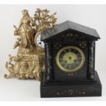 A 19th cent slate mantle clock and a 19th cent gilt spelter Mantle clock lacking glass dome