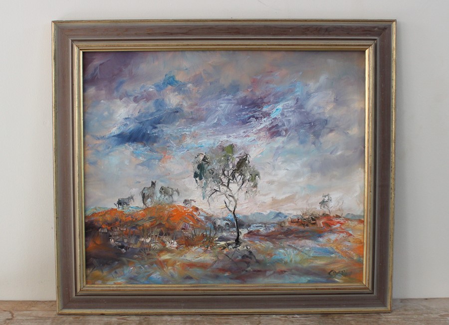 Hugh Sawrey, Australian 1919-1999, 'Looking for Water, Channel Country, S QLD', oil on canvas,