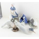 Six Royal Copenhagen figures Polar bear 32, Girl with goose 527, Fox 25 Turn model 827, girl with