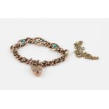 A 9ct. rose gold, turquoise and seed pearl set curb link bracelet, having five graduated large