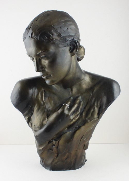 A large terracotta bronze style bust  of a maiden