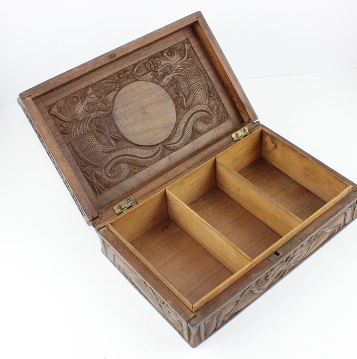 Military interest, An Indian carved hardwood table top box, possibly for cigarettes, the top - Image 2 of 3