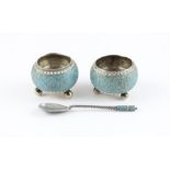 A pair of Russian silver and champleve enamel circular salts, Moscow c.1900-8, by Gustav Klingert,