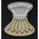 A cased set of six silver and guilloche enamel coffee spoons, sponsor's mark for Henry James Hulbert