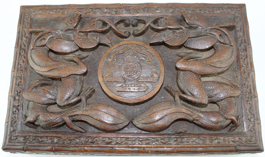 Military interest, An Indian carved hardwood table top box, possibly for cigarettes, the top - Image 3 of 3