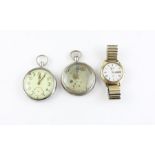 Two WWII stainless steel G.S.T.P military pocket watches, both engraved with military arrow