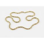 A 9ct. yellow gold rope chain, with lobster claw clasp, length 50cm. (22.7g)