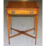 A 20th century Sheraton Revival specimen wood side table, the cross banded top with parquetry and