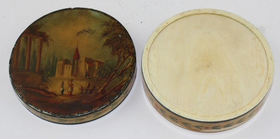 A 19th century Ivory Indian circular box and cover, the lid painted with a European landscape with - Image 4 of 4