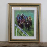 Barry Hobson, "Epsom", oil on canvas, race horse interest.
