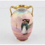 A Royal Doulton twin handled vase, painted by Harry Allen and depicting two fisher woman on a