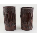 Two early 20th cent carved Chinese bamboo brush pots