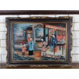 19th Chinese School - A reverse painted on glass painting depicting three figures on a verandah,