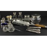 A collection of silver items, to include; an Edwardian silver and blue glass oval salt, assayed